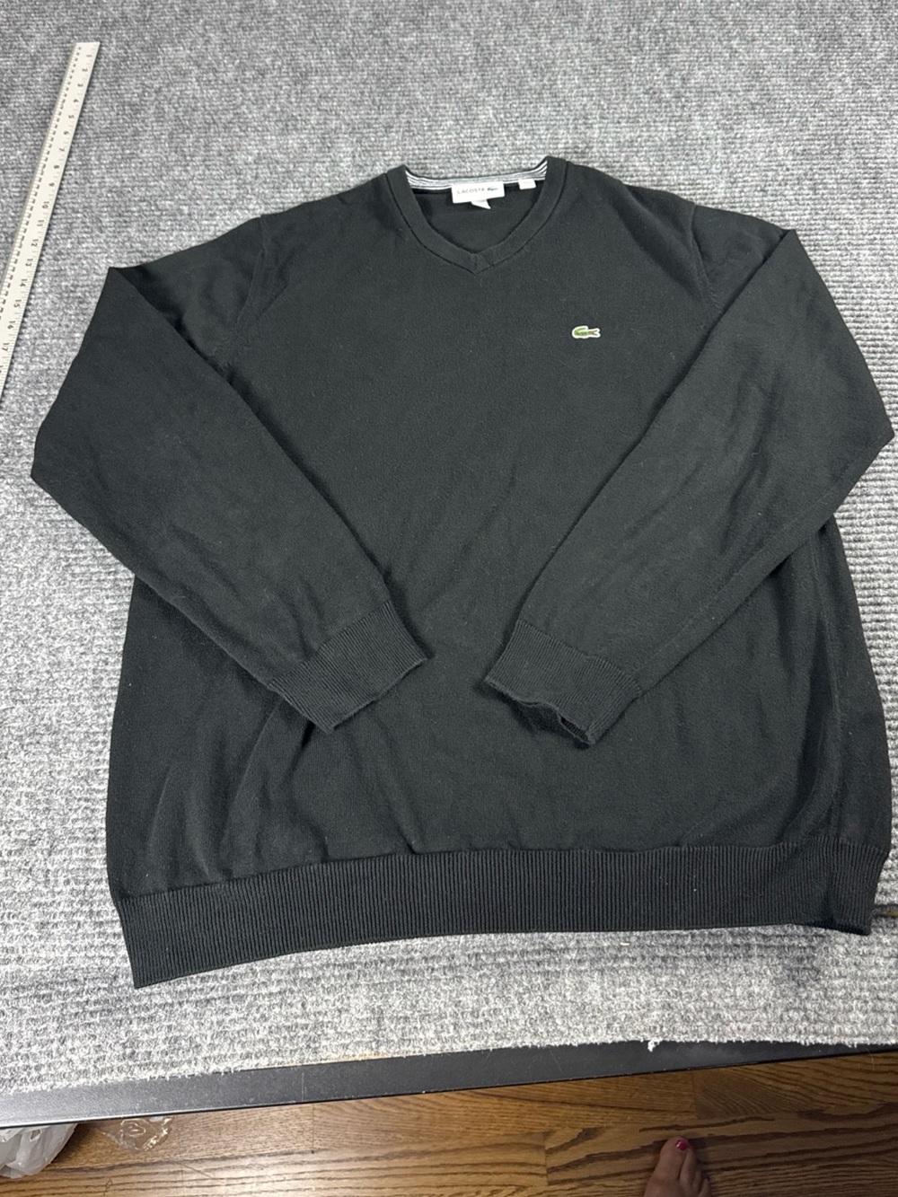 Lacoste Sweater Mens Large Black 100% Cotton V Neck Knit Pullover Logo Classic